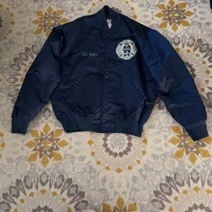 Navy Blue Vintage Bomber Jacket with Embroidered Fire Department Logo